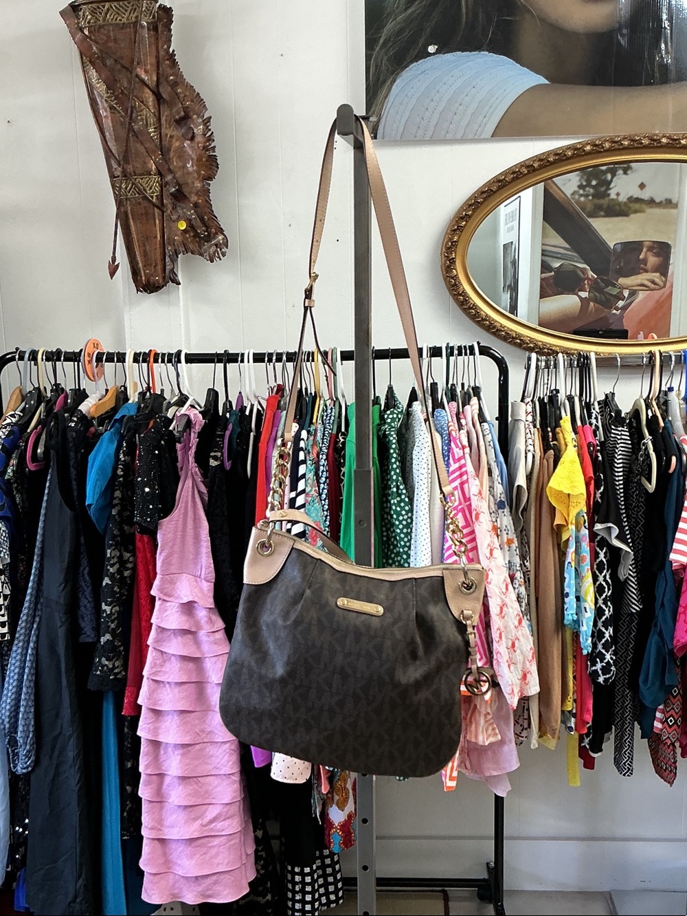 Michael Kors Dark Brown Monogram Shoulder Bag with Tan Strap